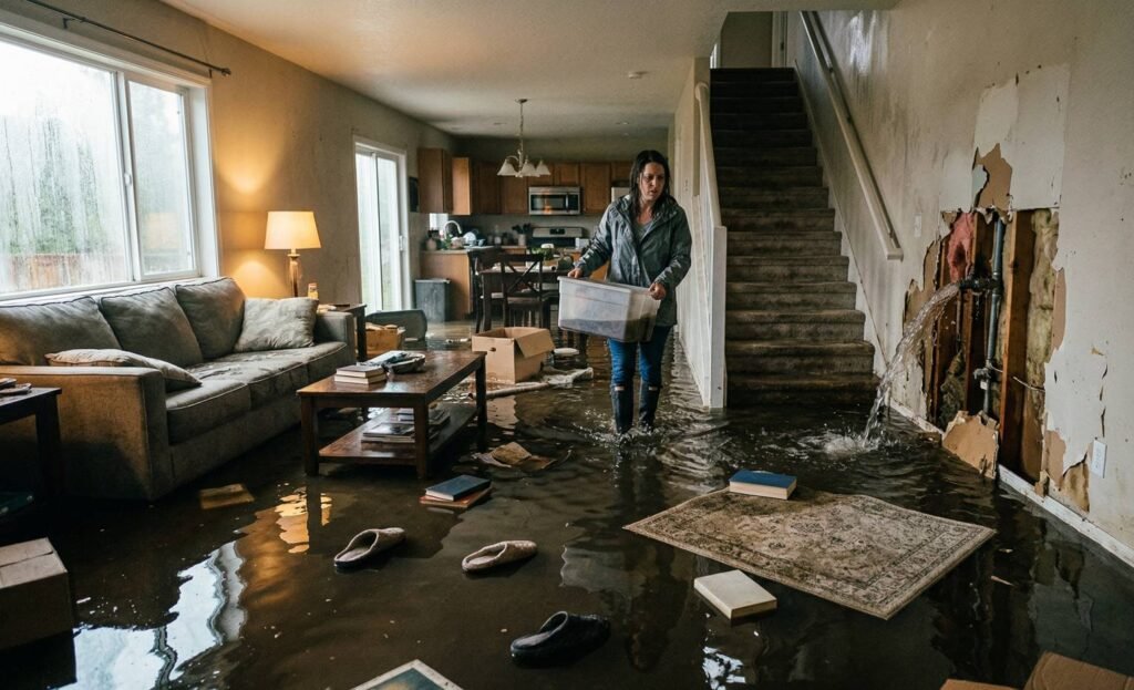 Una mujer angustiada camina por una sala inundada debido a una tubería rota en la pared, representando una emergencia de plomería que requiere los servicios de Miami Lakes Plumbing Inc.
