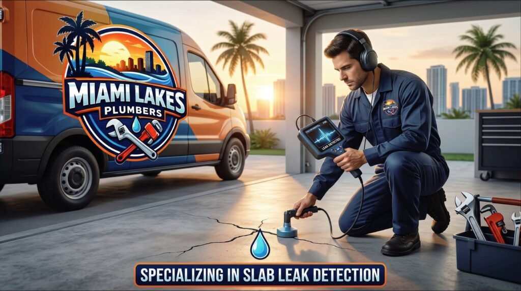 Electronic slab leak detection equipment being used by Miami Lakes Plumbing Inc. in a residential home